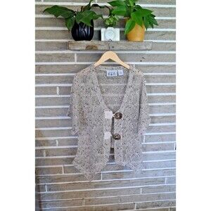 Keren Hart Cardigan Women L Light Gray oatmeal Crochet Mesh lagenlook topper